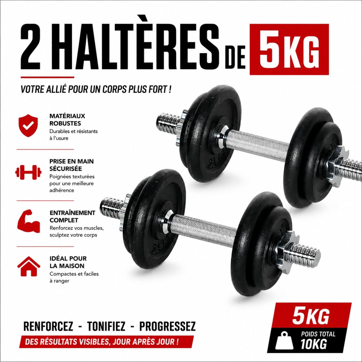 Paire d’haltères réglables – 5 kg chacun / 10 kg au total