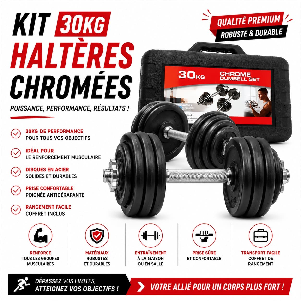 Kit d’haltères réglables – 30 kg avec coffret de rangement