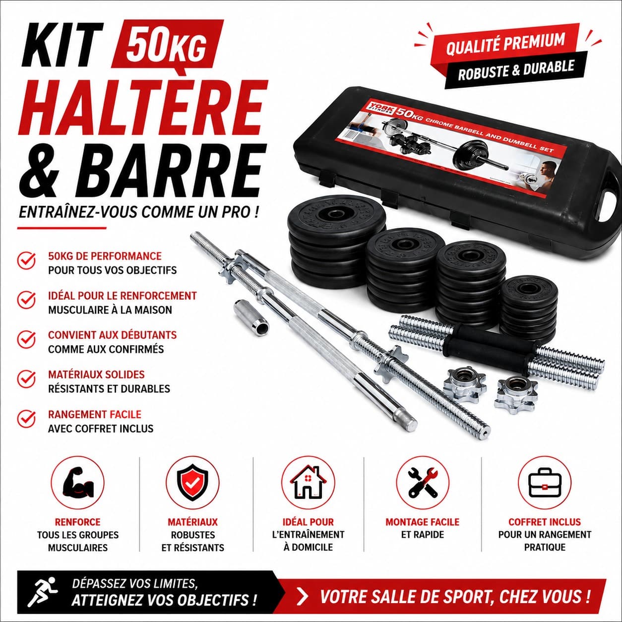 Kit de musculation 50 kg – Haltères réglables & barre longue